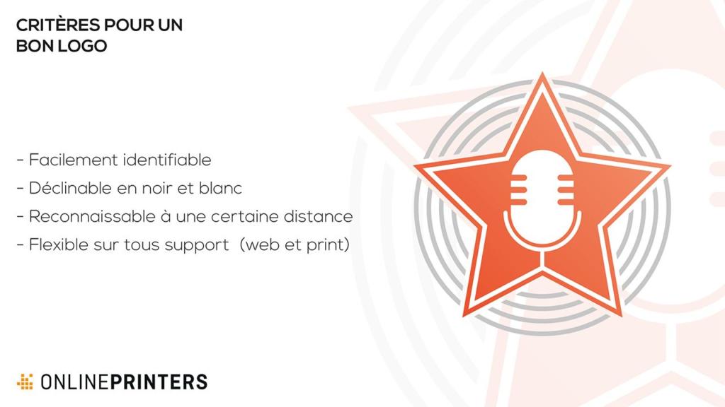 Une étoile orange avec un symbole de microphone au centre, entourée de lignes circulaires. Le texte à gauche énumère les critères d'un bon logo : facilement identifiable, utilisable en noir et blanc, reconnaissable à distance et polyvalent pour le web et l'impression.