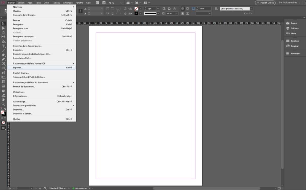 Une capture d'écran de l'interface d'Adobe InDesign révèle une page vierge dans l'espace de travail. Le menu déroulant Fichier est ouvert, avec des options comme Nouveau, Ouvrir, Enregistrer, Exporter et Imprimer bien en évidence. Divers outils et panneaux entourent l'espace de travail.