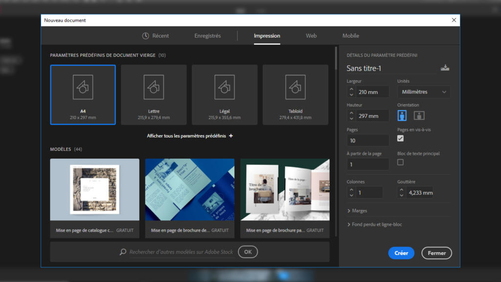 Capture d'écran d'un écran de configuration de document dans Adobe InDesign. L'interface affiche des options permettant de sélectionner le format du document, notamment le format A4, et les unités en millimètres. Des modèles de dépliants et de brochures sont visibles, avec des boutons de paramétrage et de création, ce qui simplifie le contrôle des pages dans InDesign.
