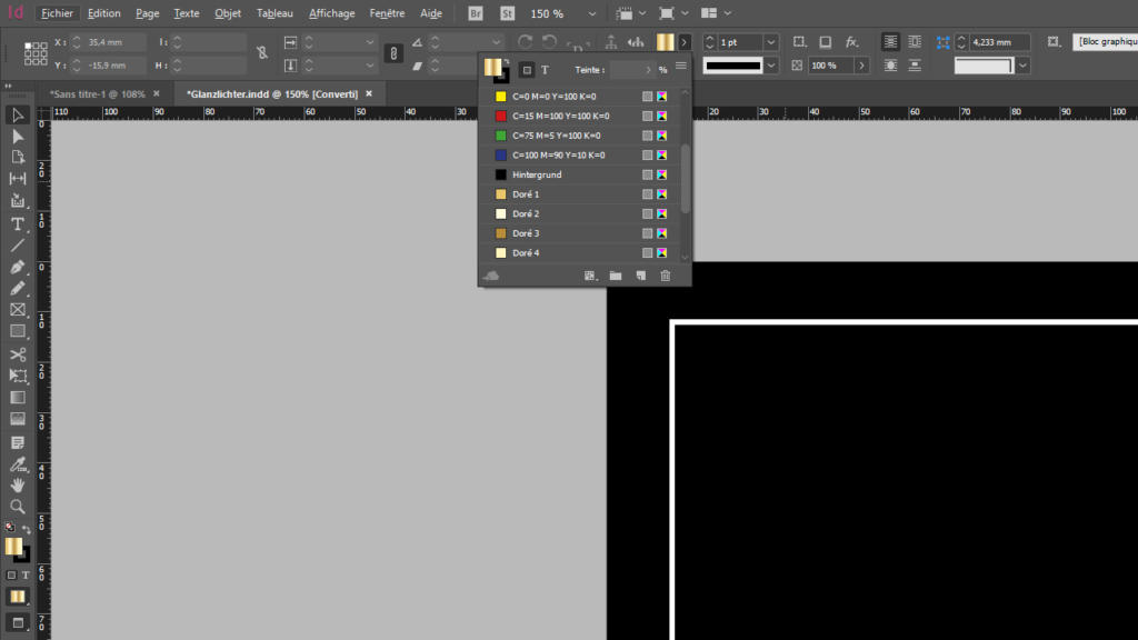 Capture d'écran du logiciel de conception graphique CMJN présentant plusieurs calques au centre. L'interface affiche un rectangle noir partiellement visible avec une bordure blanche à droite, tandis que diverses barres d'outils et options sont soigneusement disposées en haut et sur les côtés.