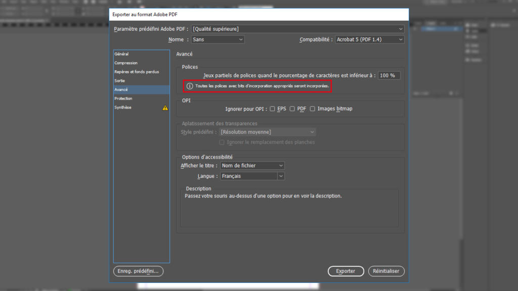 Capture d'écran des paramètres d'exportation Adobe PDF avec l'onglet Avancé sélectionné. Un cadre rouge met en évidence l'option « Ne pas incorporer les polices de caractères fréquentes ». L'interface affiche les options de préréglages, de compatibilité, de polices et d'accessibilité.