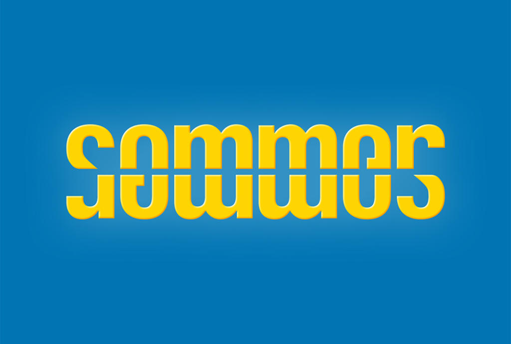 L'image présente le mot « sommer » en jaune, avec son reflet ambigramme retourné verticalement en dessous sur un fond bleu.