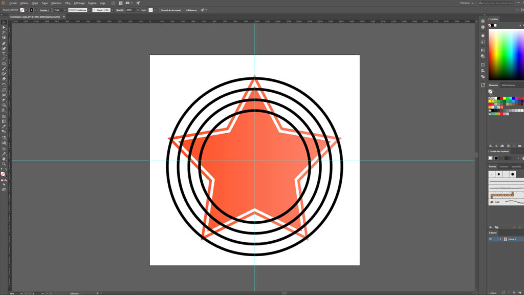 Une maquette de conception numérique pour un projet de conception de logos comportant une étoile orange entourée de cinq anneaux noirs concentriques sur fond blanc, affichée dans une interface de logiciel de conception complète avec des barres d'outils et des palettes de couleurs.