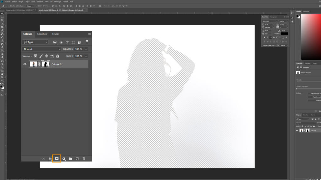 L'interface d'un logiciel de conception numérique présente la silhouette d'une personne avec une main sur la tête, idéale pour ceux qui souhaitent détourner une chevelure. Divers outils et options d'édition sont visibles sur les panneaux latéraux, sur un fond d'écran sombre et épuré.