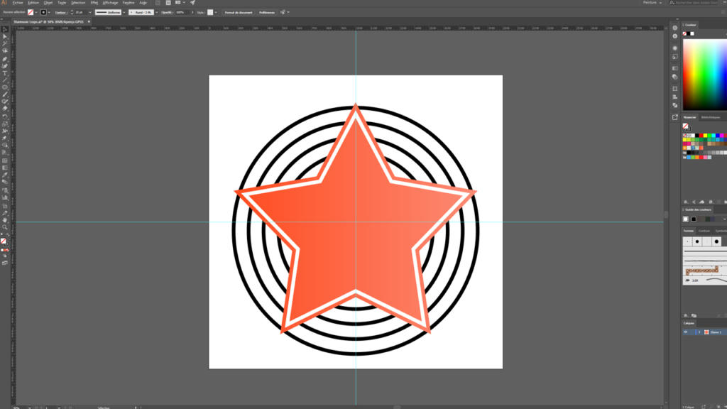 Capture d'écran de l'espace de travail d'Adobe Illustrator montrant une étoile rouge centrée sur plusieurs cercles noirs concentriques sur fond blanc. Idéale pour la conception de logos, l'interface propose divers outils, panneaux de couleurs et options de calque pour une précision créative optimale.