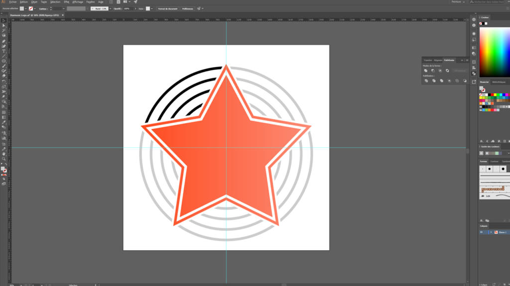 Capture d'écran d'un logiciel d'édition graphique utilisé pour la conception de logos, montrant une étoile orange au contour blanc, centrée sur des cercles concentriques gris. L'interface affiche diverses barres d'outils et options de couleurs sur la droite.
