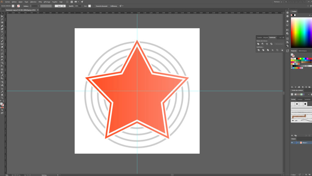 Capture d'écran d'une interface graphique numérique mettant en valeur la conception des logos, avec une étoile orange centrale au contour blanc sur fond de cercles gris concentriques sur un fond carré blanc. Les éléments environnants incluent des palettes d'outils et des panneaux de sélection de couleurs.