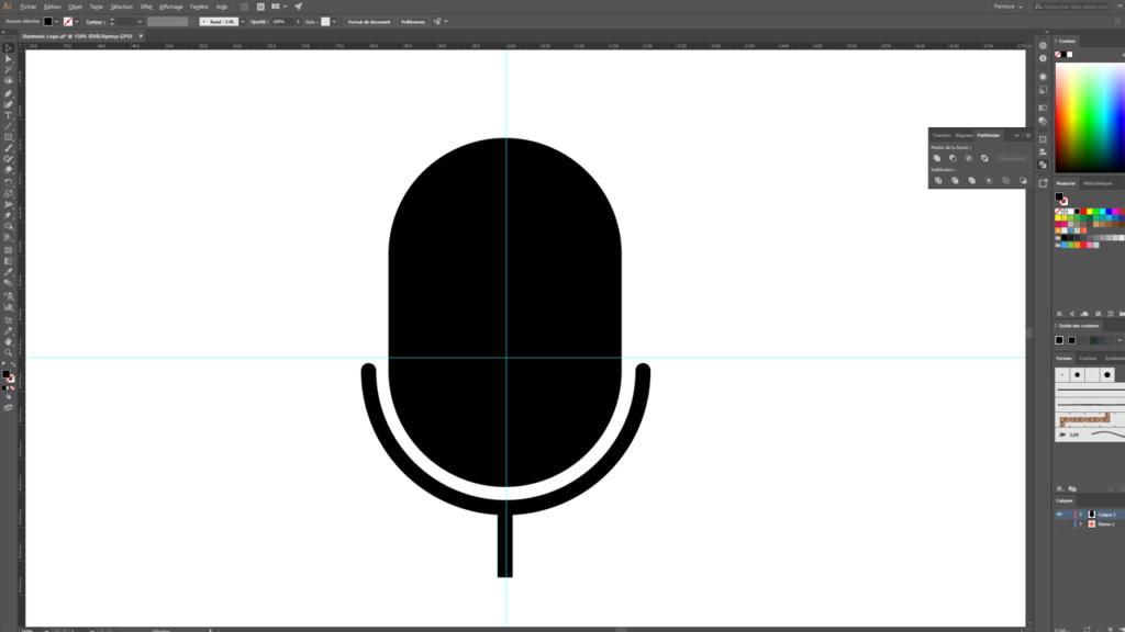 Illustration d'une icône de microphone noire centrée sur fond blanc dans l'interface d'un logiciel d'édition, idéale pour la conception de logos. L'écran affiche diverses barres d'outils et options d'édition, ainsi que des règles et des repères.
