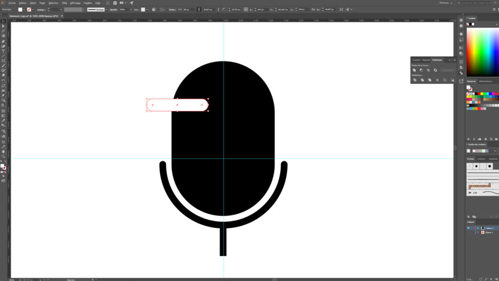 Capture d'écran d'un logiciel de conception graphique montrant une icône de microphone noir en cours de modification. L'interface, idéale pour la conception de logos, affiche divers outils et palettes de couleurs sur les côtés, avec une grille et des repères de règle visibles sur la zone de travail.