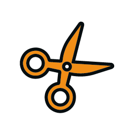 Illustration d'une paire de ciseaux orange aux contours noirs, représentée en position ouverte, rappelant les outils retrouvés dans une visite-atelier-de-production-offset.