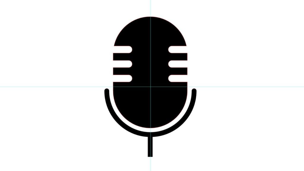 Icône d'un microphone de style vintage en noir, avec un dessus rond et des lignes de grille verticales, sur fond blanc - un choix idéal pour ceux qui s'intéressent à la conception classique des logos.