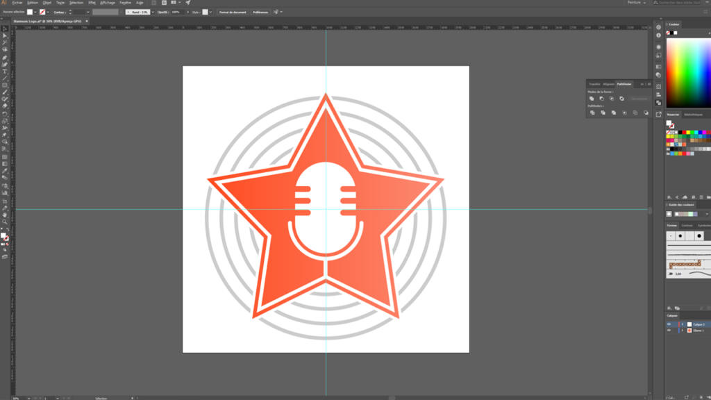 Capture d'écran d'Adobe Illustrator présentant un logo captivant, orné d'une étoile orange avec une icône de microphone en son centre. Ce logo est centré sur des cercles concentriques, entourés de divers outils et options de couleurs dans un espace de travail intuitif.
