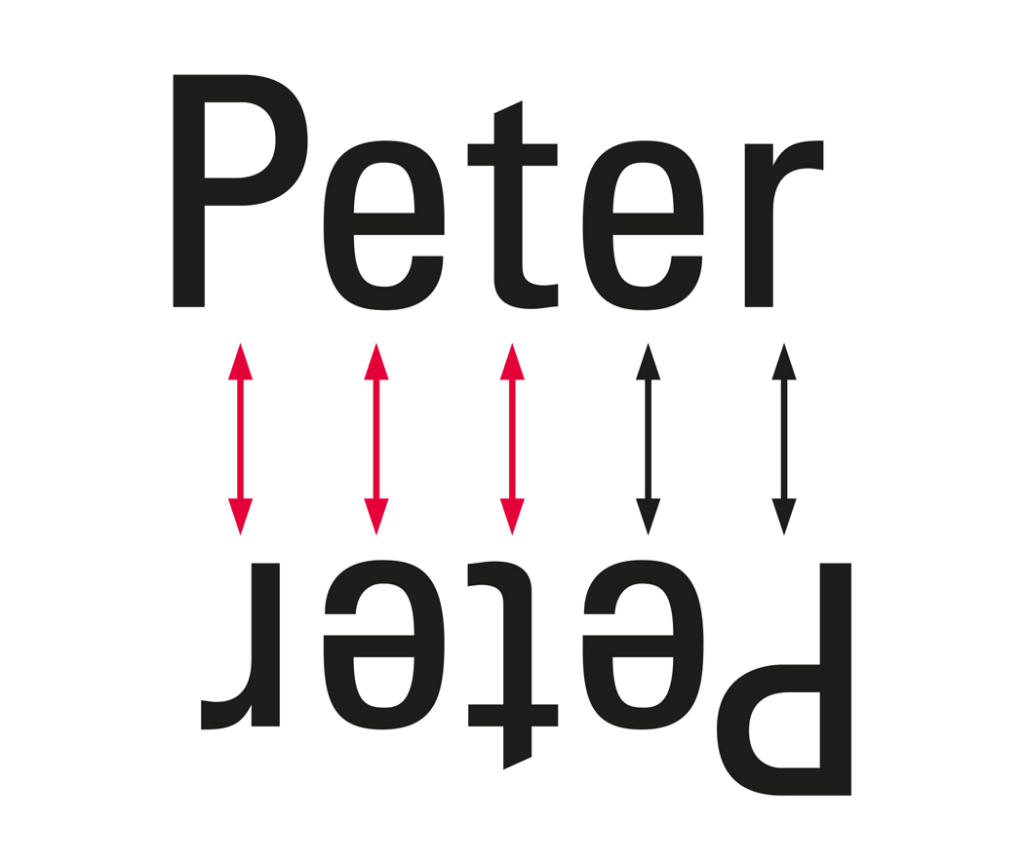 L'image présente le mot « Peter » en ambigramme, avec sa forme normale en haut et sa version inversée en bas. Des flèches rouges soulignent les lettres inversées P, e, t, e et r, tandis qu'une flèche noire relie curieusement le r à son jumeau inversé.
