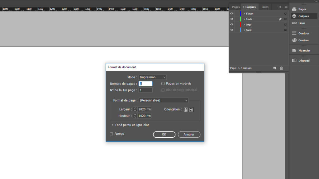 Capture d'écran de l'interface d'un logiciel de conception graphique montrant une boîte de dialogue de configuration de document pour la conception de bannières. Les options incluent le nombre de pages, les dimensions (2 000 mm x 1 500 mm), l'orientation et les paramètres de format de page. L'interface est en français.