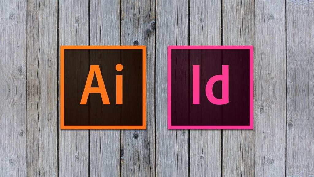 Les logos d'Adobe Illustrator et d'Adobe InDesign sont affichés côte à côte sur un fond de planche de bois. Le logo Illustrator, représentant la découpe du contour, est encadré d'un cadre orange avec Ai au centre, tandis que le logo InDesign arbore un cadre magenta avec Id au centre.