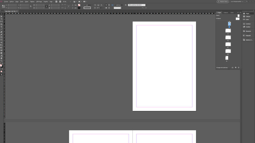 Une capture d'écran montre une interface InDesign affichant un document vierge avec des lignes violettes quadrillant l'espace de travail. Des outils et des panneaux encadrent la scène, avec le panneau des calques ouvert à droite, prêt à ajouter des seitenzahlen ou d'autres éléments de conception.