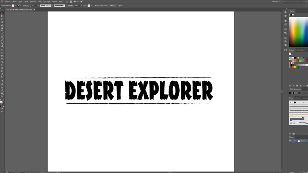 La capture d'écran présente l'interface d'un logiciel de conception graphique avec l'inscription « DESERT EXPLORER » en caractères gras et stylisés sur fond blanc. Des barres d'outils et des palettes de couleurs permettant de créer des visuels et des impressions époustouflants sont visibles sur les côtés.