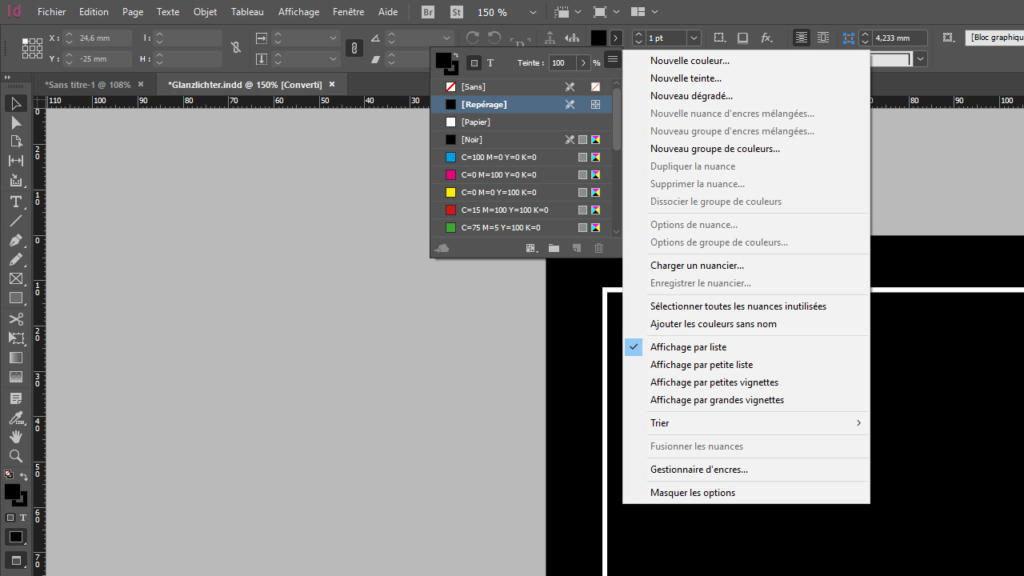 Une capture d'écran de l'interface d'un logiciel de conception montre un espace de travail avec un panneau de couleurs et un menu contextuel en français. Différents échantillons de couleurs CMJN sont visibles, ainsi que des options de regroupement des couleurs et des paramètres d'affichage.