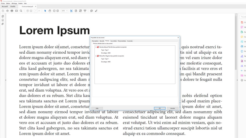 Un écran d'ordinateur affiche un document PDF intitulé Lorem Ipsum. Une fenêtre contextuelle au premier plan révèle les paramètres de sécurité, notamment des options comme « Sécurité par mot de passe » et « Aucune sécurité ». Le texte flou présente du contenu de remplissage, tandis que l'option « Incorporer des polices de caractères » est remarquablement absente.