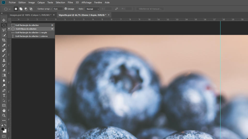 Gros plan sur un écran d'ordinateur affichant un logiciel de retouche photo en français, probablement Photoshop. L'image principale, composée de myrtilles mûres, est modifiée à l'aide de divers outils, dont une fonction de vignette, visible sur les panneaux supérieur et gauche de l'interface.