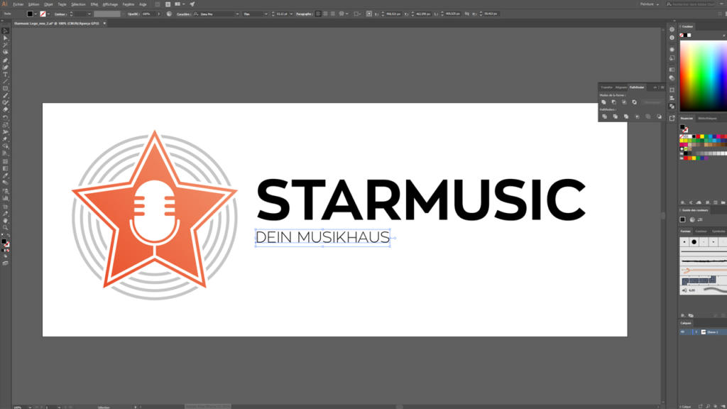 Une interface de conception numérique présente un logo avec une étoile orange ornée d'un microphone en son centre, à côté du texte noir et gras « STARMUSIC ». En dessous, l'expression « DEIN MUSIKHAUS » apparaît dans une police plus claire, entourée d'outils d'édition et de palettes de couleurs.