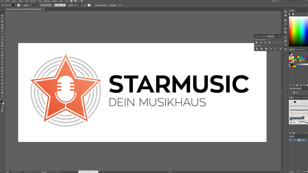 Dans un éditeur numérique, la conception des logos révèle une étoile orange avec une icône de microphone blanc à l'intérieur. À côté, les inscriptions noires « STARMUSIC » et « DEIN MUSIKHAUS » en caractères plus petits apparaissent en gras. L'écran est orné de palettes de couleurs et de barres d'outils, encadrant le processus créatif.