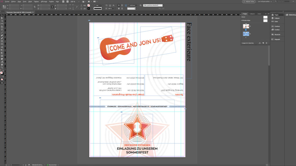 Une capture d'écran d'un dépliant réalisé dans un logiciel de retouche graphique présente une illustration de guitare avec le texte « Venez nous rejoindre ! » accompagné d'une étoile avec un micro et de la mention « Einladung zu unserem Sommerfest ». La mise en page est indiquée par des repères et des zones de texte.