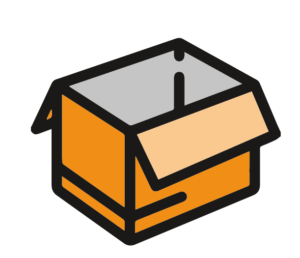 Icône d'une boîte en carton ouverte aux rabats légèrement relevés, rappelant le thème de la visite d'atelier de production offset. La boîte est orange avec un intérieur gris et un contour noir.