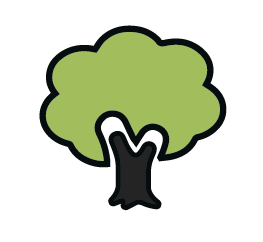 Une illustration simple d'un arbre présente une large canopée verte et arrondie, surmontée d'un tronc épais et sombre. La section des feuilles présente une apparence stylisée, semblable à un nuage, rappelant les motifs des créations de visite-atelier-de-production-offset.