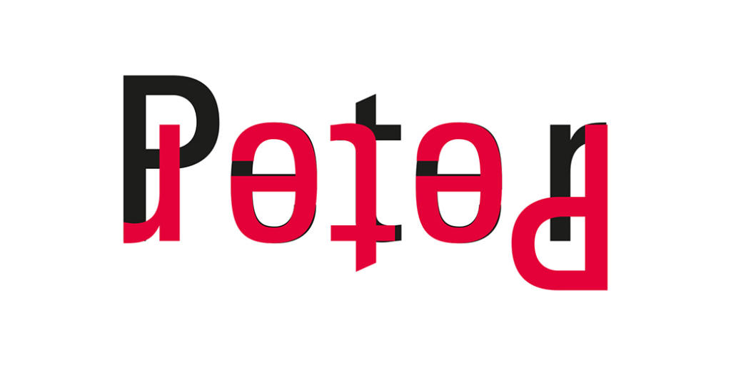Le mot Peter se transforme en ambigramme, utilisant astucieusement une combinaison de lettres droites et inversées dans des couleurs noires et rouges contrastées.