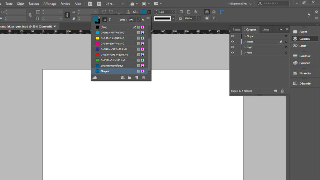 Dans cette capture d'écran d'un logiciel de conception graphique, idéal pour la création de bannières, la barre de menu supérieure propose divers outils et options. Le panneau Nuancier, à gauche, propose une riche liste de couleurs, tandis que le panneau Pages, à droite, offre une toile vierge au centre, où votre créativité est à l'honneur.