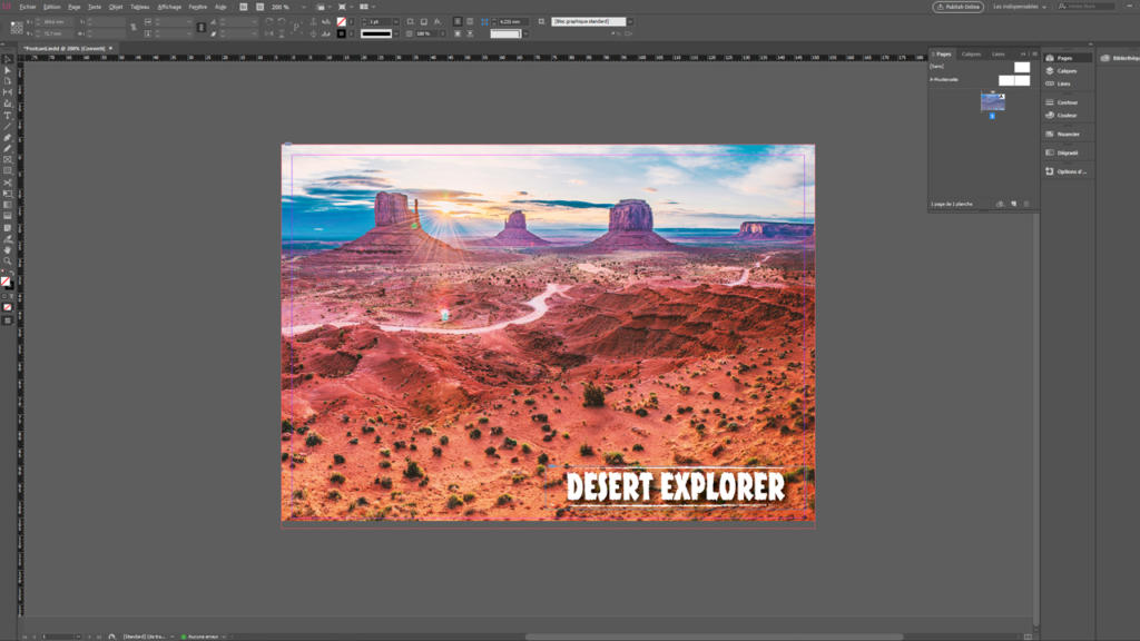 Un paysage désertique pittoresque, avec des mesas et des buttes rouge orangé sous un ciel bleu, est présenté dans un logiciel de retouche graphique, idéal pour ceux qui cherchent à créer des données d'impression. Le texte « Desert Explorer » orne le coin inférieur droit, illuminé par la lumière du soleil filtrant à travers les nuages.