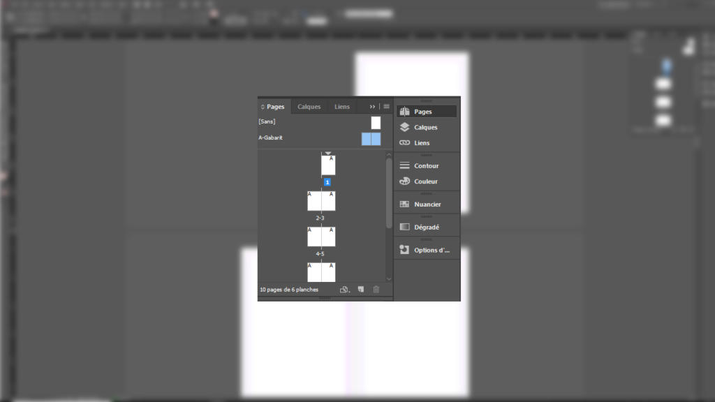 Capture d'écran de l'interface d'un logiciel de conception graphique, rappelant InDesign, montrant un panneau avec des options telles que Pages, Couches et Liens. Il affiche une liste de pages avec des vignettes, certaines superposées à côté d'icônes sur un fond gris foncé, idéal pour gérer des mises en page complexes et des Seitenzahlen.