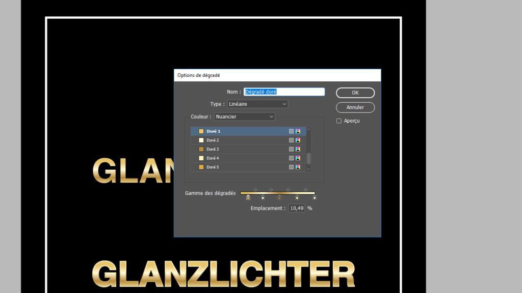 Fenêtre d'options de dégradé avec le texte « GLANZ » en haut et « GLANZLICHTER » en bas. La fenêtre, semblable à une palette CMJN, affiche les options de couleur et le positionnement du dégradé. Le fond est noir.
