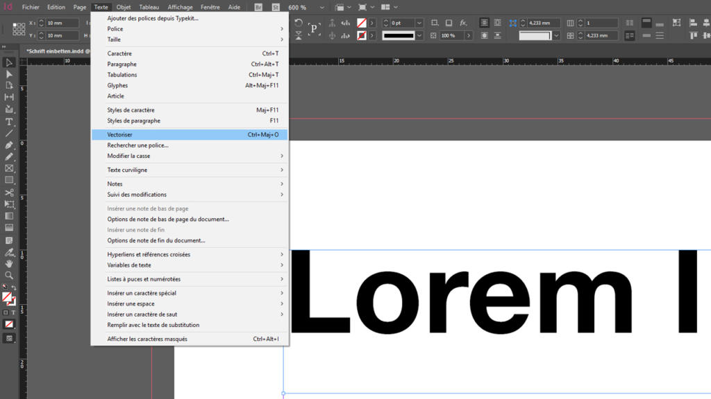 Capture d'écran de l'interface d'un logiciel de conception graphique présentant les menus et les outils de texte. La zone de travail révèle un texte partiellement visible en grand format, « Lorem I », en noir. À gauche, le menu propose des options permettant d'intégrer des polices de caractères en français.