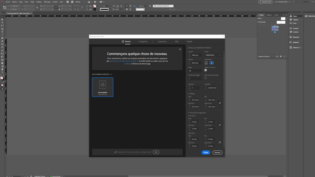 Capture d'écran d'Adobe InDesign avec une fenêtre « Nouveau document » ouverte. L'interface affiche les options de création de données d'impression, avec le texte en français en haut et divers paramètres de dimensions du document sur le côté droit.