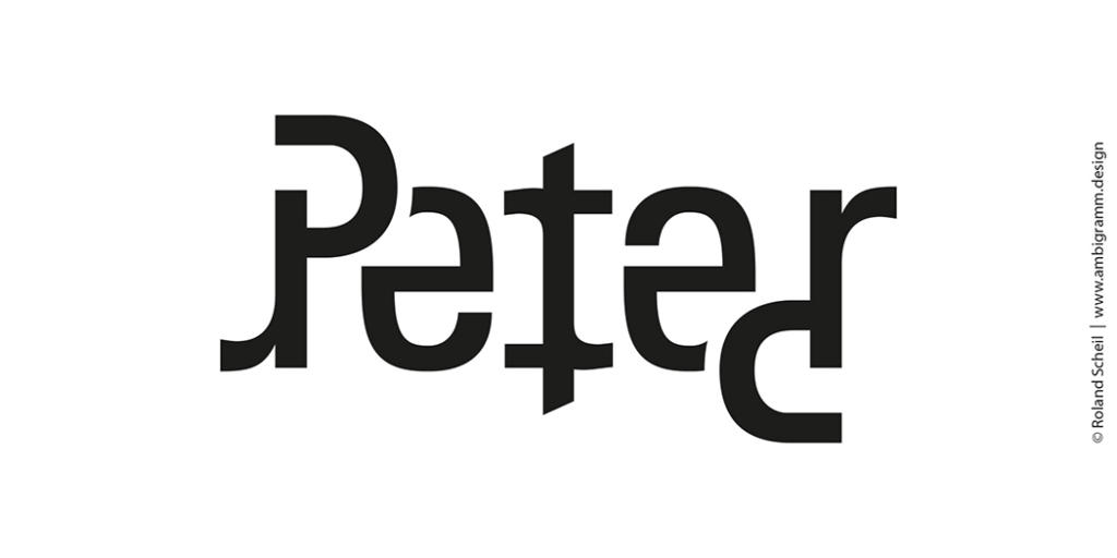 L'image présente un ambigramme du mot « Peter » dans une typographie créative en miroir de Roland Schell, dont certaines lettres semblent inversées ou altérées. L'œuvre présente une mention de crédit élégamment placée à droite.