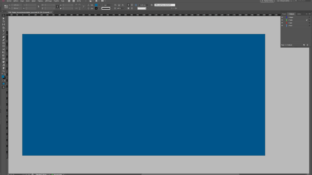 Une capture d'écran d'Adobe InDesign présente un rectangle bleu vide au centre, idéal pour la conception de bannières, entouré d'un espace de travail gris avec des options de barre d'outils bordant le haut et le côté droit de la fenêtre.