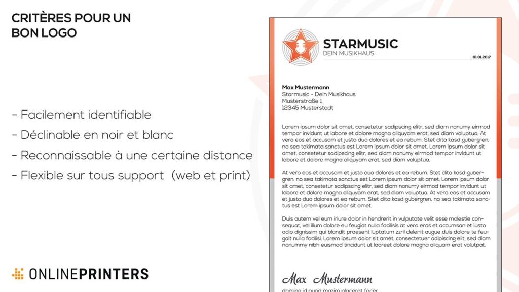 Une diapositive de présentation sur la conception de logos présente les critères d'un bon logo. Elle comprend un exemple de papier à en-tête avec un logo en forme d'étoile et du texte. Les puces soulignent : facilement identifiable, adaptable au noir et blanc, reconnaissable de loin et polyvalent pour une utilisation web et imprimée.