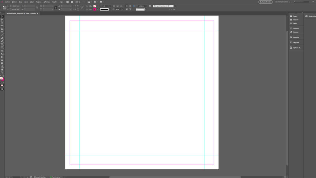 Une capture d'écran d'Adobe InDesign révèle un document vierge avec des règles, des marges et des repères visibles, parfaits pour une mise en page précise. L'interface propose des barres d'outils et des options de menu, idéales pour créer des designs complexes, comme des projets de « découpe du contour ».