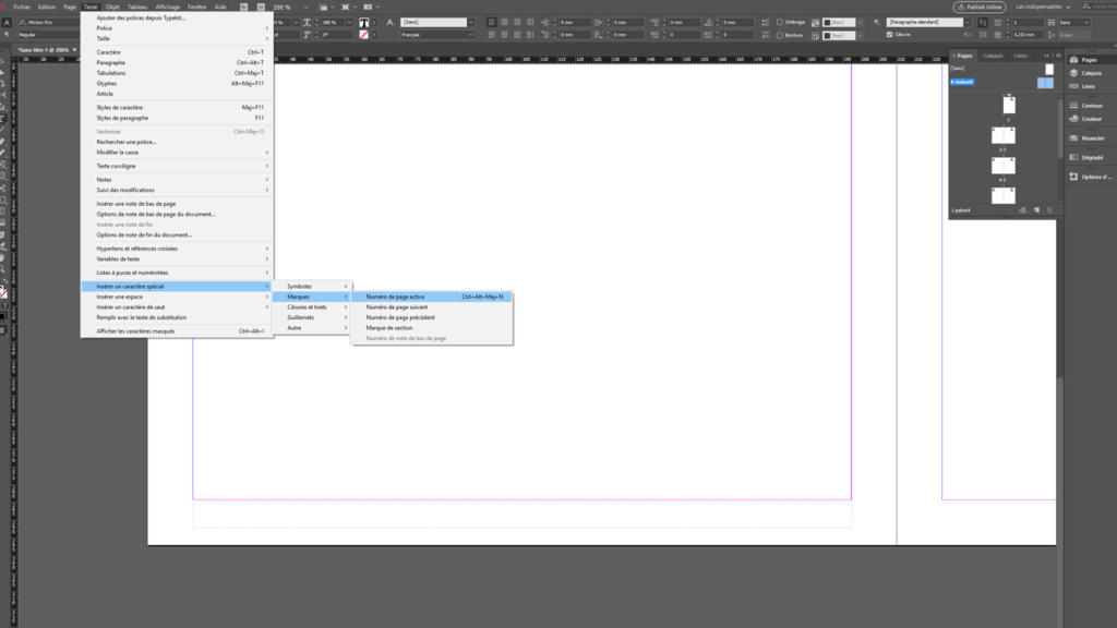 Capture d'écran de l'interface d'un logiciel de PAO, similaire à InDesign, montrant un document vierge. Un menu déroulant s'ouvre avec des options relatives aux préférences ou aux paramètres de page. L'interface comporte des panneaux pour les pages et les calques sur le côté droit.