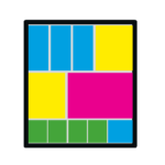 Motif géométrique abstrait inspiré de la visite-atelier-de-production-offset, composé de rectangles bleus, jaunes, magenta et verts. Trois blocs bleus en haut, un bloc jaune et magenta au milieu, et un bloc vert et un petit bloc bleu en bas.