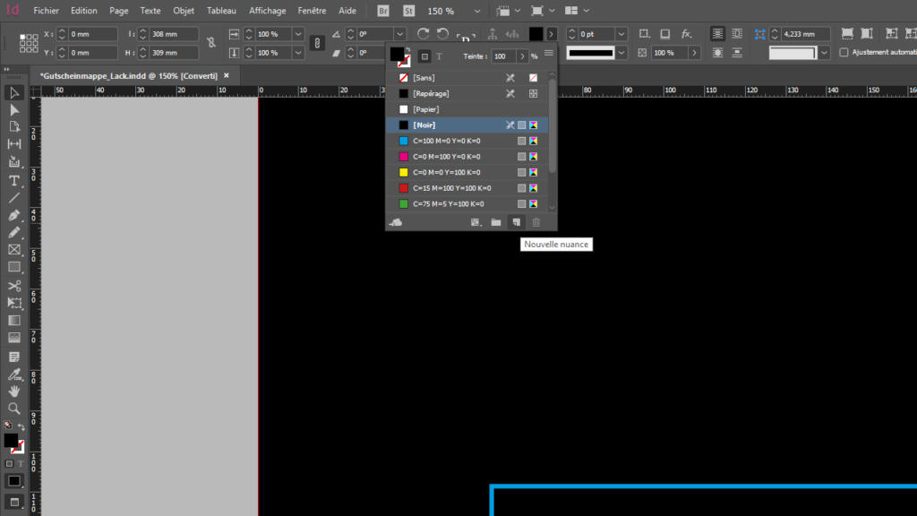 Capture d'écran de l'espace de travail Adobe InDesign présentant le panneau Nuancier, où une gamme d'options de couleurs est visible. Parmi les couleurs, une Cinquième couleur se distingue. La zone de travail principale est principalement noire, avec un contour bleu partiellement visible dans le coin inférieur droit.