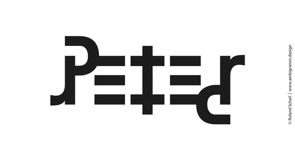 Texte stylisé représentant « Pierre » sous forme d'ambigramme, conçu pour être lisible à l'endroit comme à l'envers. Réalisé par Roland Schill, d'autres créations sont disponibles sur www.ambigramm.design.