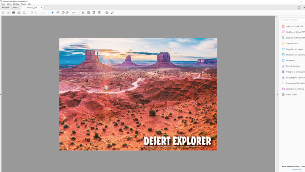 Un coucher de soleil pittoresque sur un vaste paysage désertique ponctué de formations rocheuses rouges et de mesas caractéristiques. L'inscription « DESERT EXPLORER » en gras et blanc apparaît en bas à droite. Un sentier sinueux serpente à travers des arbustes épars, vous invitant à explorer et à créer des impressions.