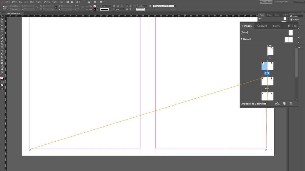 Une interface de conception numérique présente deux pages vierges dans un logiciel de mise en page, rappelant InDesign. Une ligne de guidage orange diagonale traverse les pages, tandis qu'un panneau sur la droite met en valeur les vignettes des pages, attirant l'attention sur la troisième page et les ajustements possibles de Seitenzahlen.