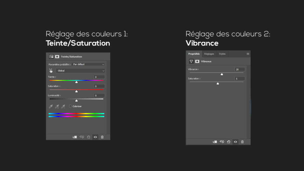 Deux panneaux de réglage des couleurs côte à côte en français : A gauche, Réglage des couleurs 1 : Teinte/Saturation comprend des curseurs pour la teinte, la saturation, la luminosité. Sur la droite, Réglage des couleurs 2 : Vibrance comporte des curseurs pour la vibrance et la saturation. Parfait pour améliorer les photos à l’aide d’Actions Photoshop.
