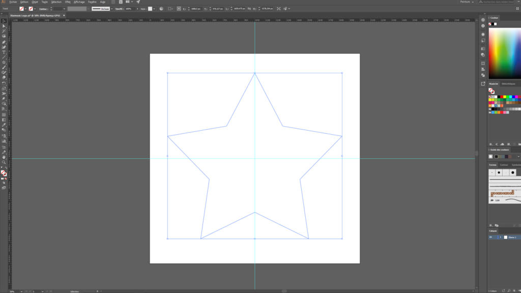 Capture d'écran de l'interface d'un logiciel de conception graphique affichant un contour en étoile à cinq branches, idéal pour la conception de logos sur une toile blanche. L'espace de travail comprend des barres d'outils, des palettes de couleurs et des panneaux de calques, avec des repères se croisant au centre de l'étoile.