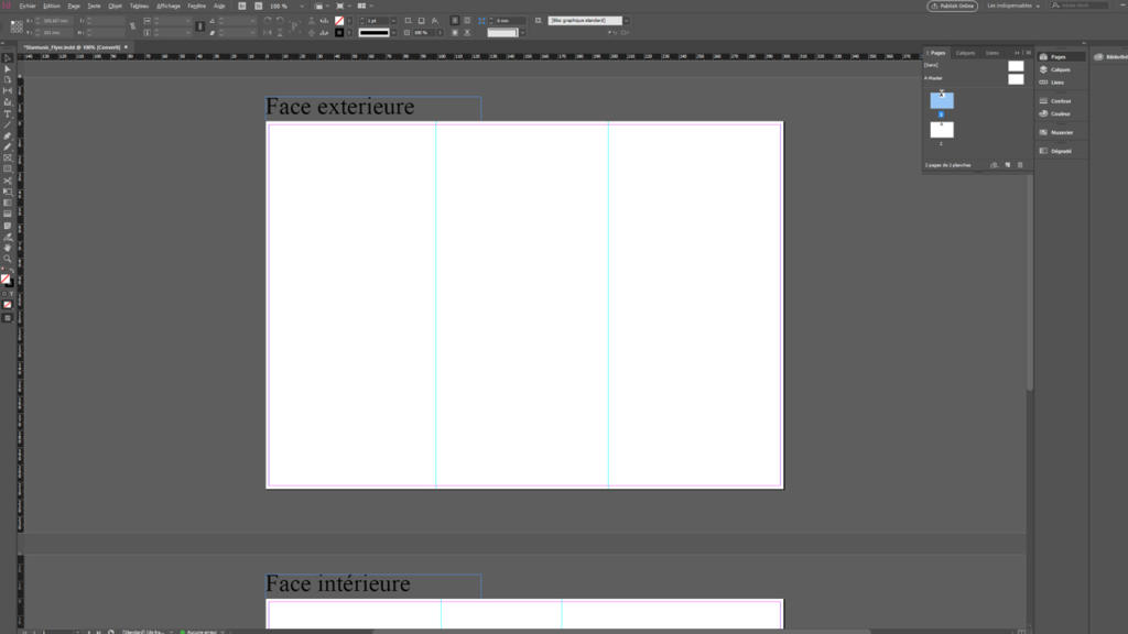 Capture d'écran de l'interface d'un logiciel de conception affichant un modèle de brochure vierge à trois volets avec des repères. Des libellés tels que « Face extérieure » et « Face intérieure » indiquent les sections extérieure et intérieure du dépliant. La barre d'outils est située en haut.