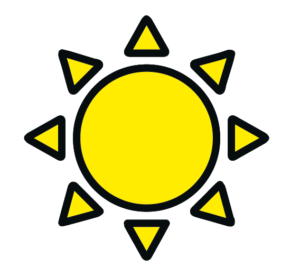 Une simple illustration de soleil, avec un cercle jaune et huit rayons triangulaires, orne le fond blanc, rappelant un motif que l'on pourrait observer lors d'une visite-atelier-de-production-offset. Le contour du soleil, net et noir, ajoute une touche d'élégance à cette œuvre minimaliste.